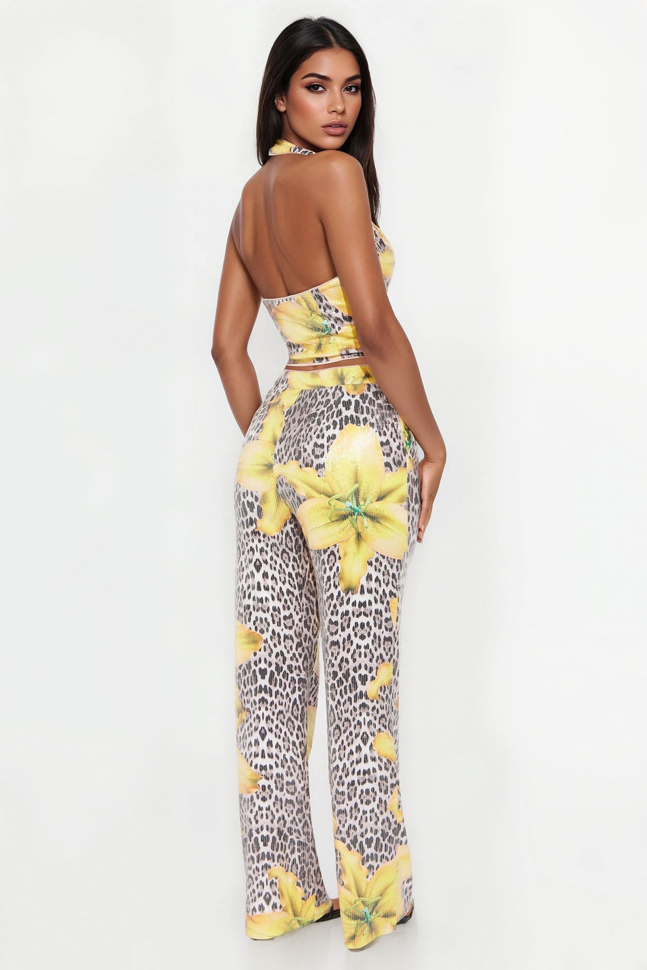 Golden Instincts Sequin Leopard Pant Set - Yellow/combo