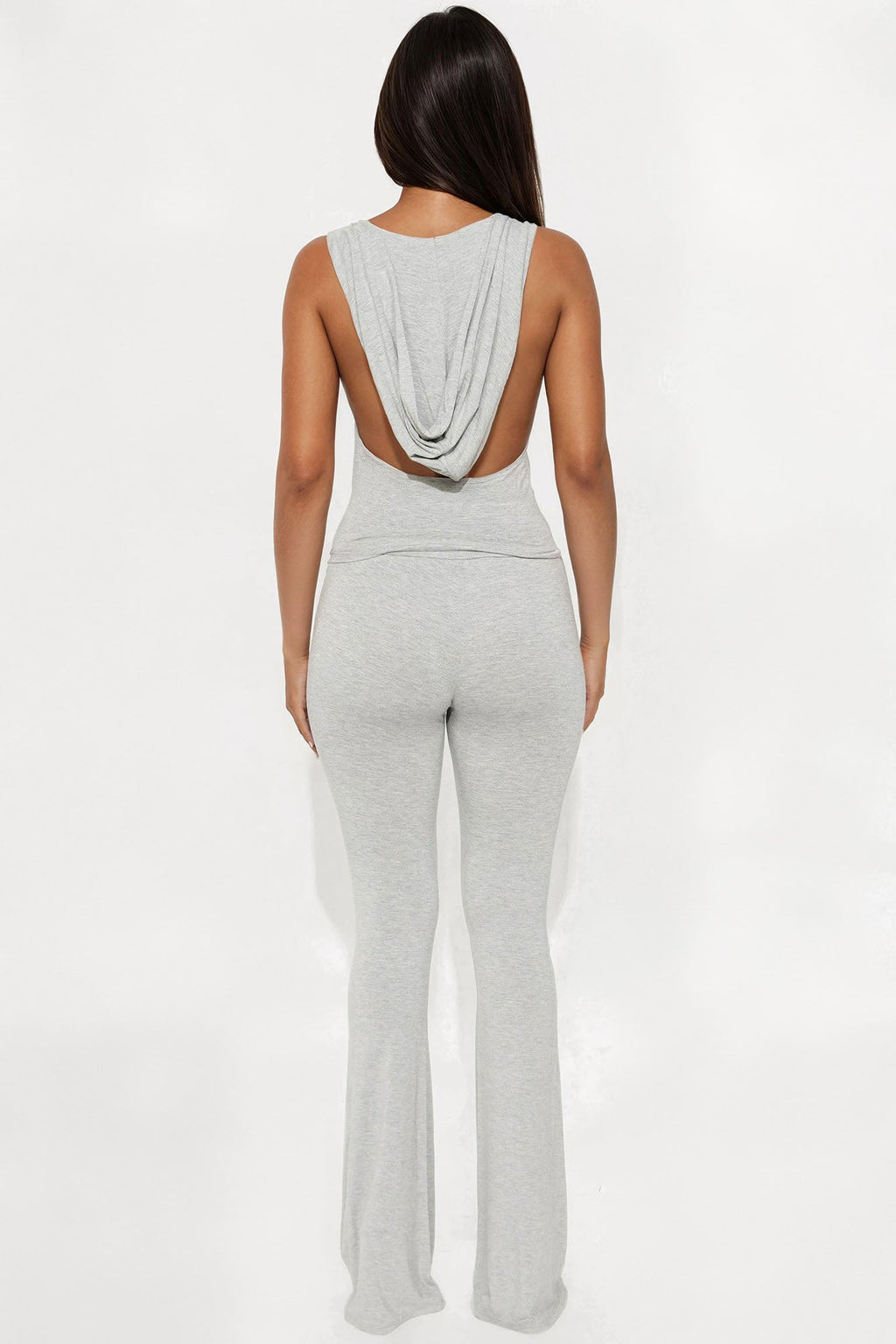 Out All Night Hooded Halter Top Flare Leg Pant Set - Heather Grey