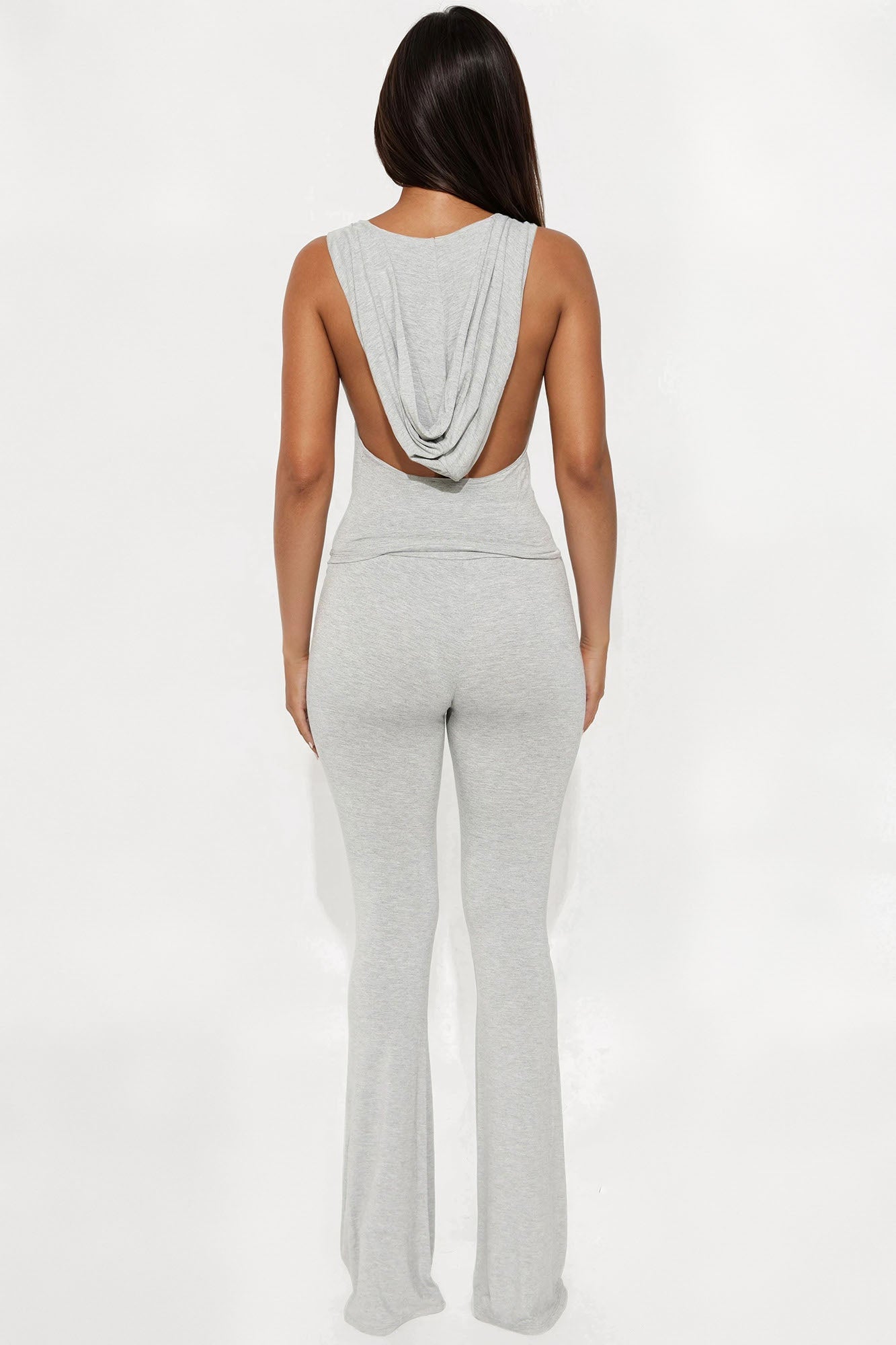 Out All Night Hooded Halter Top Flare Leg Pant Set - Heather Grey