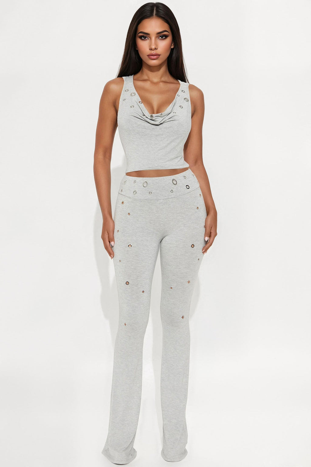 Out All Night Hooded Halter Top Flare Leg Pant Set - Heather Grey