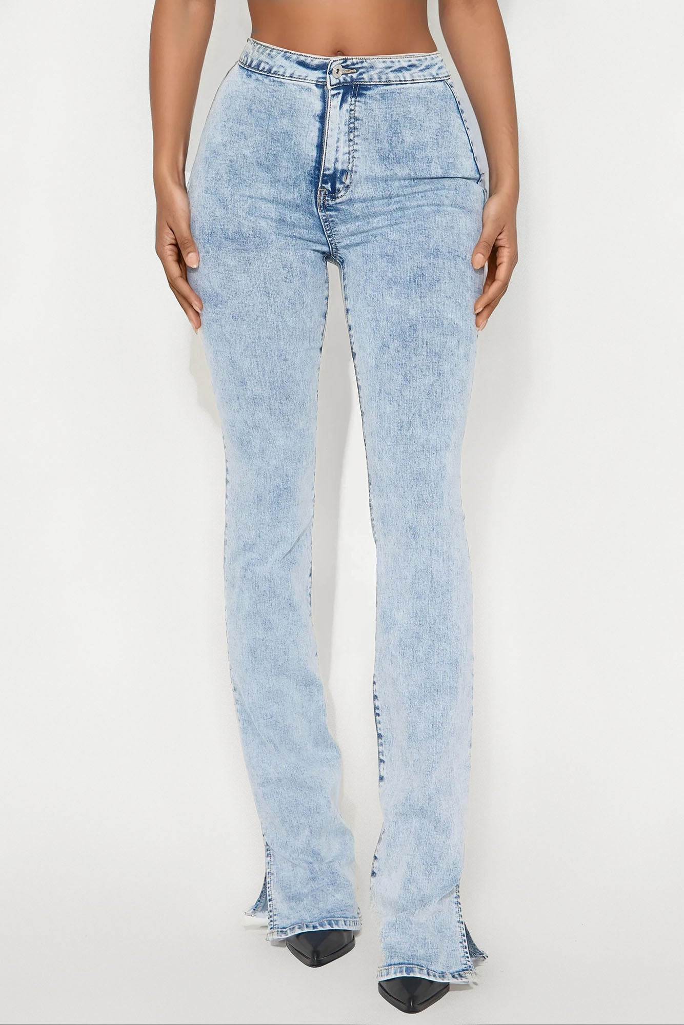 Tall Side Slit Stretch Slim Bootcut Jeans - Acid Wash Denim