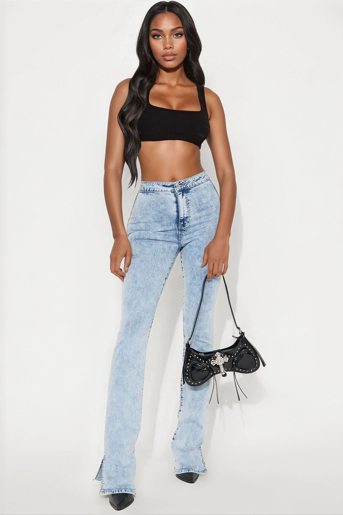 Tall Side Slit Stretch Slim Bootcut Jeans - Acid Wash Denim