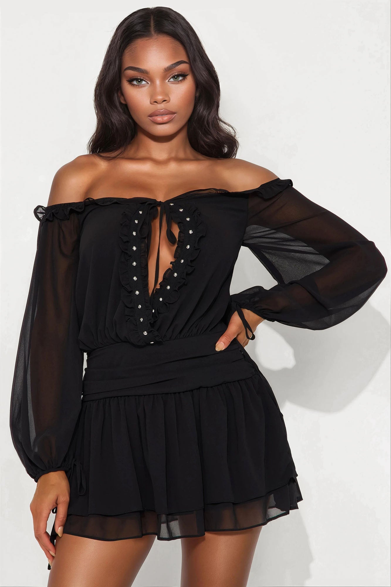 Rylie Puff Sleeve Chiffon Mini Dress - Black