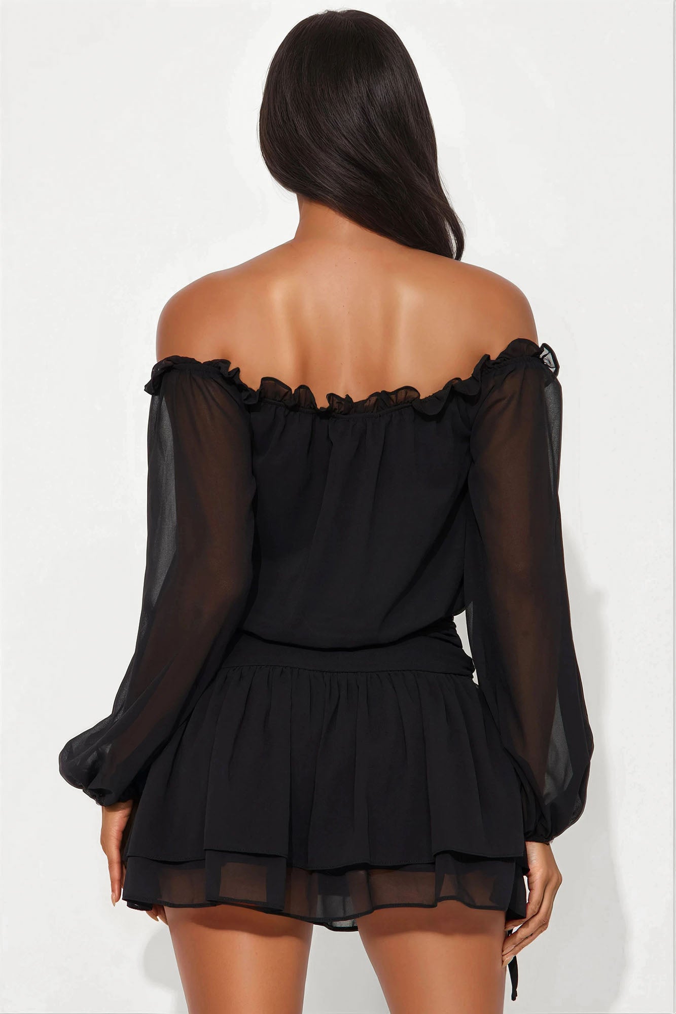 Rylie Puff Sleeve Chiffon Mini Dress - Black