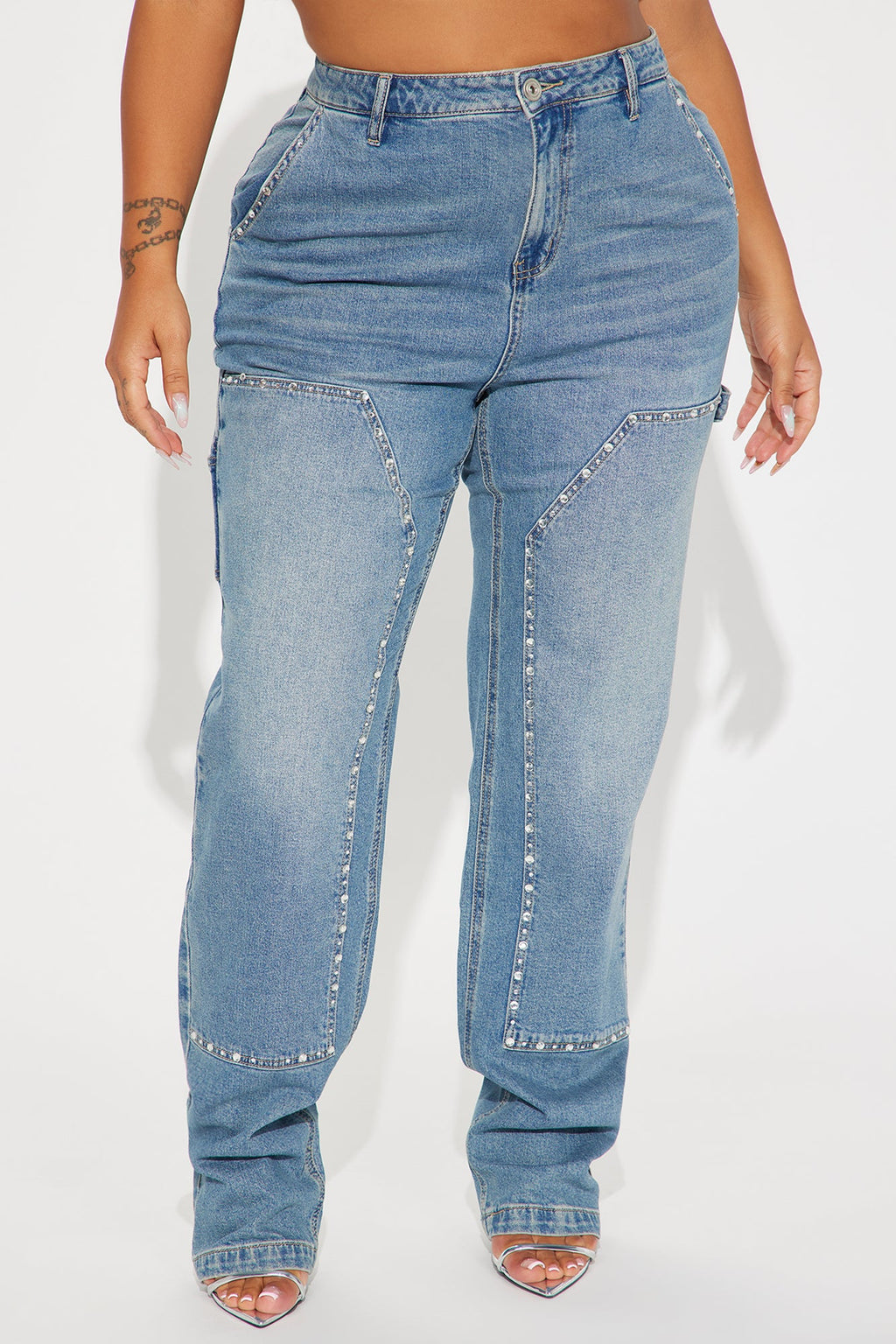 Star Studded Embellished Straight Leg Carpenter Jeans - Medium Wash