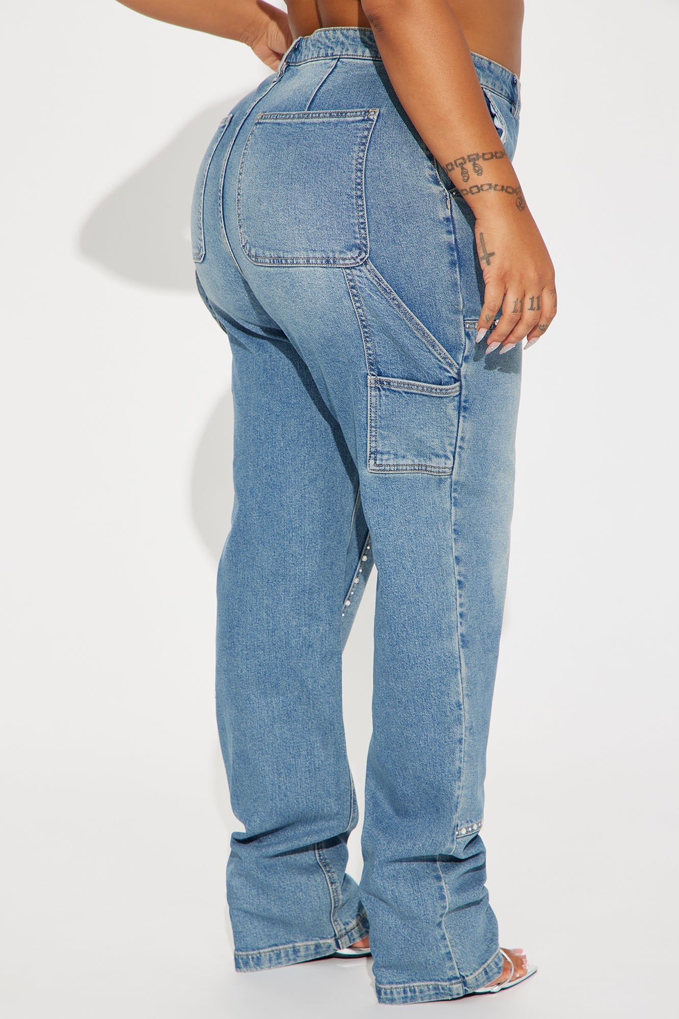 Star Studded Embellished Straight Leg Carpenter Jeans - Medium Wash