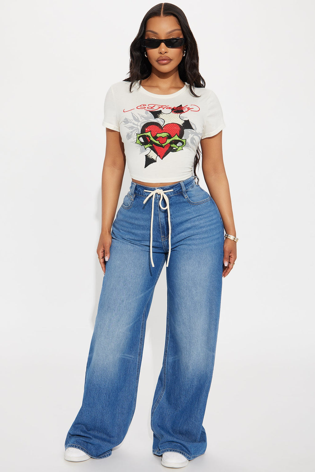 Bondi Girl Tie Waist Drapey Wide Leg Jeans - Medium Wash