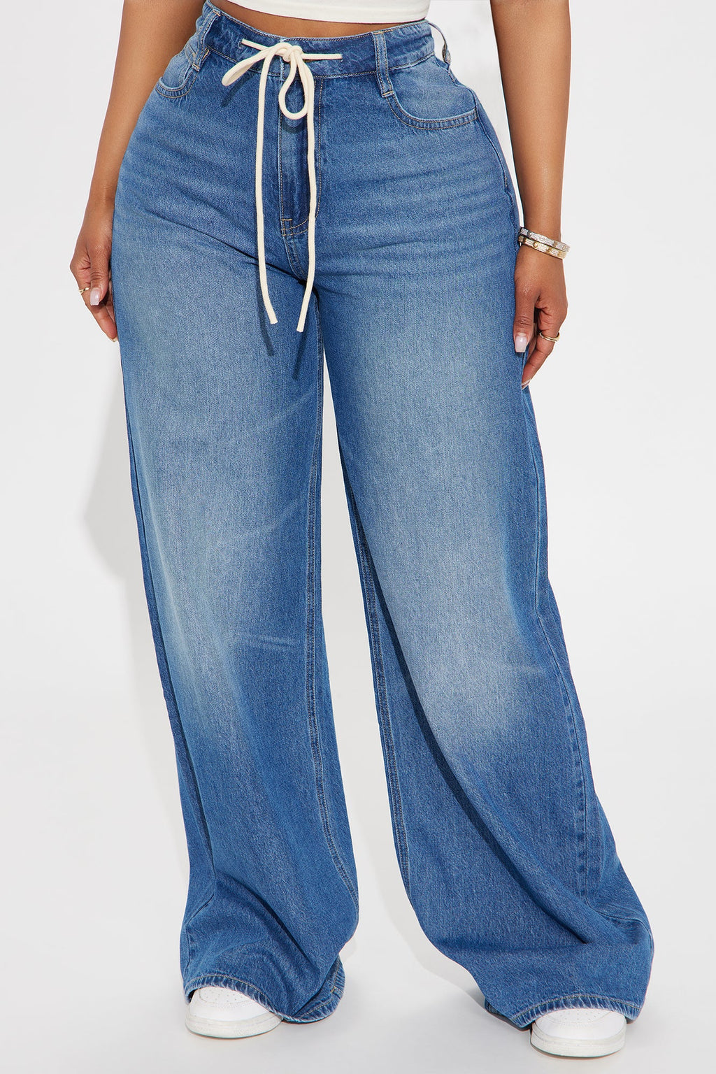 Bondi Girl Tie Waist Drapey Wide Leg Jeans - Medium Wash