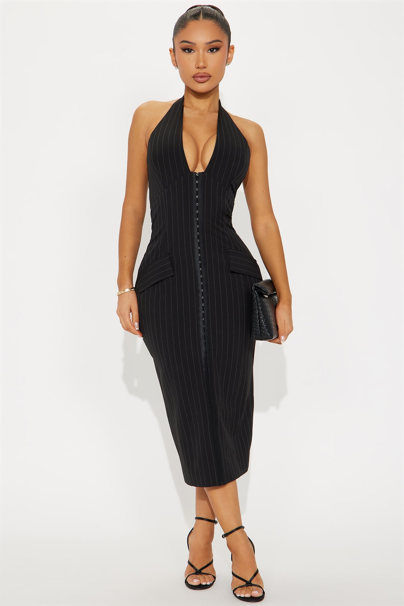 Dressed In Confidence Pinstripe Halter Midi Dress - Black