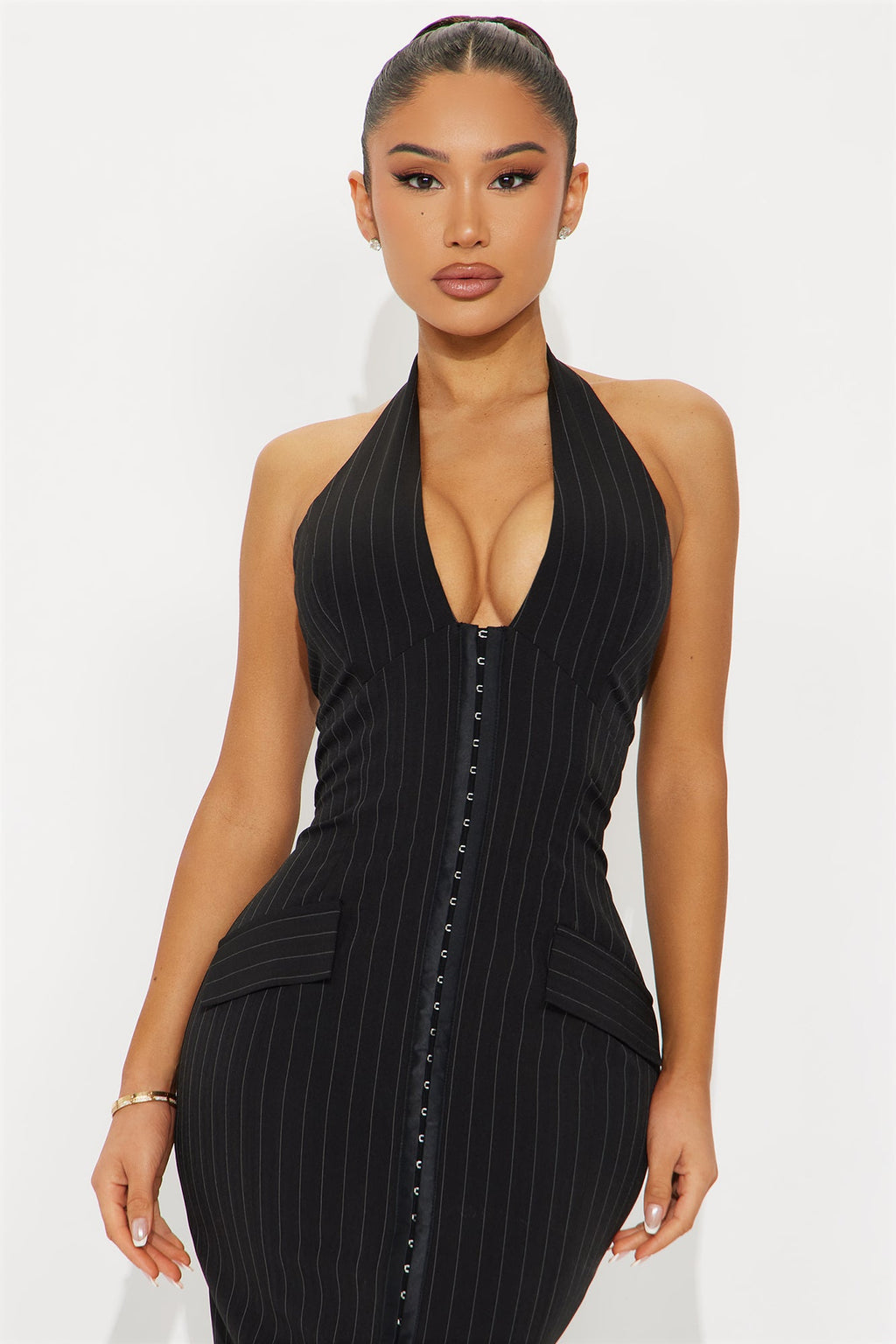 Dressed In Confidence Pinstripe Halter Midi Dress - Black