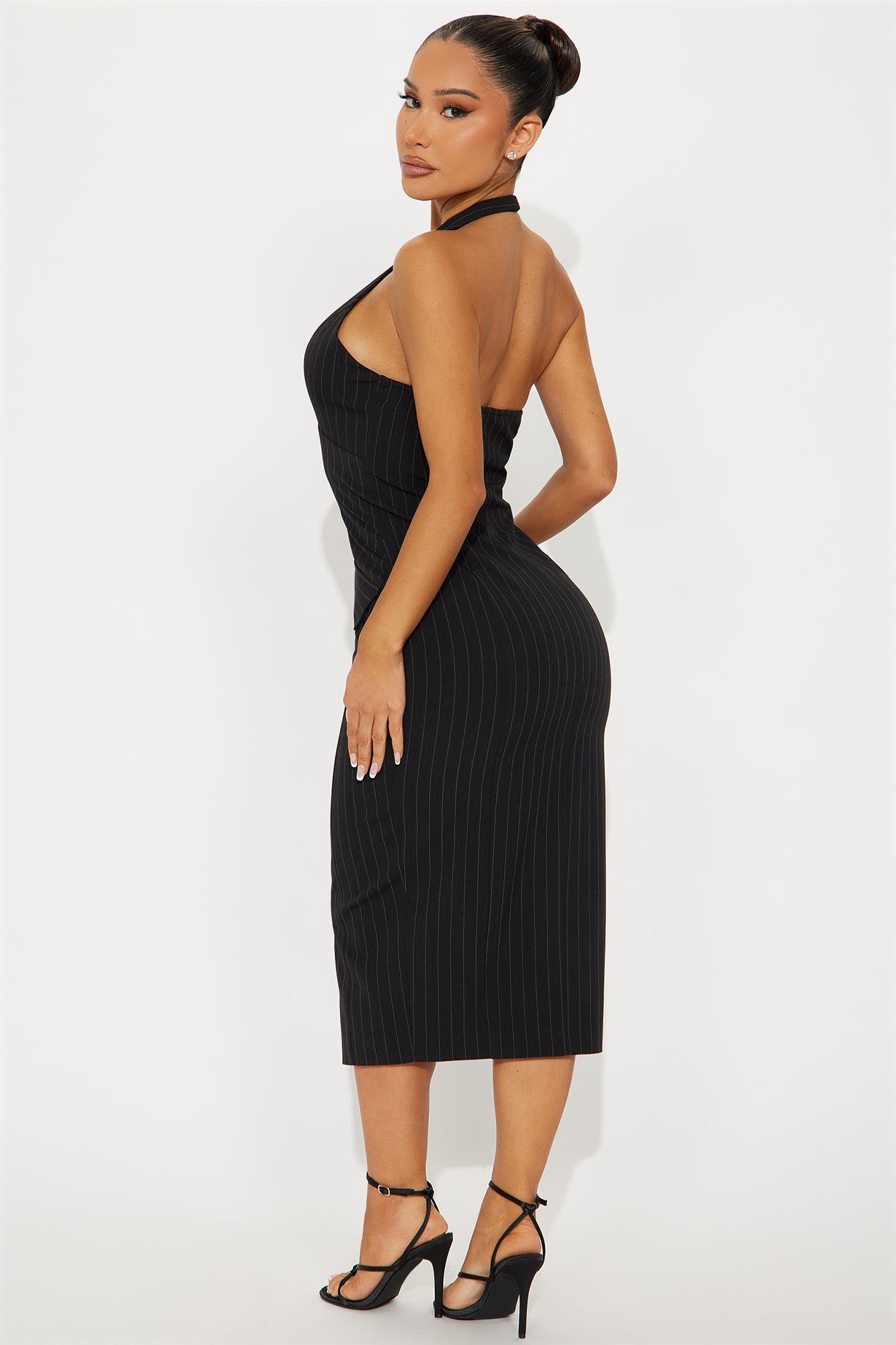 Dressed In Confidence Pinstripe Halter Midi Dress - Black