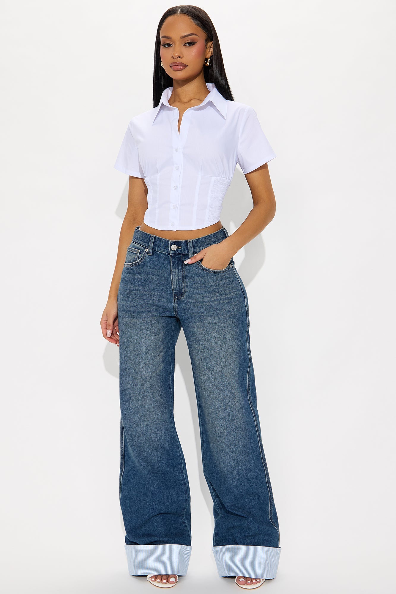 Well Suited Cuffed Stretch Wide Leg Jeans - Vintage Wash