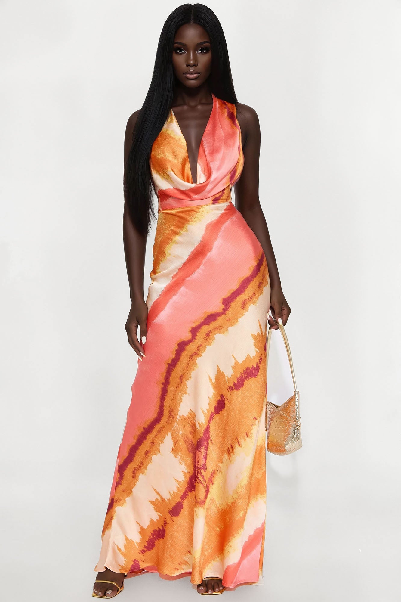 Sunset Hills Backless Satin Maxi Dress - Orange/combo