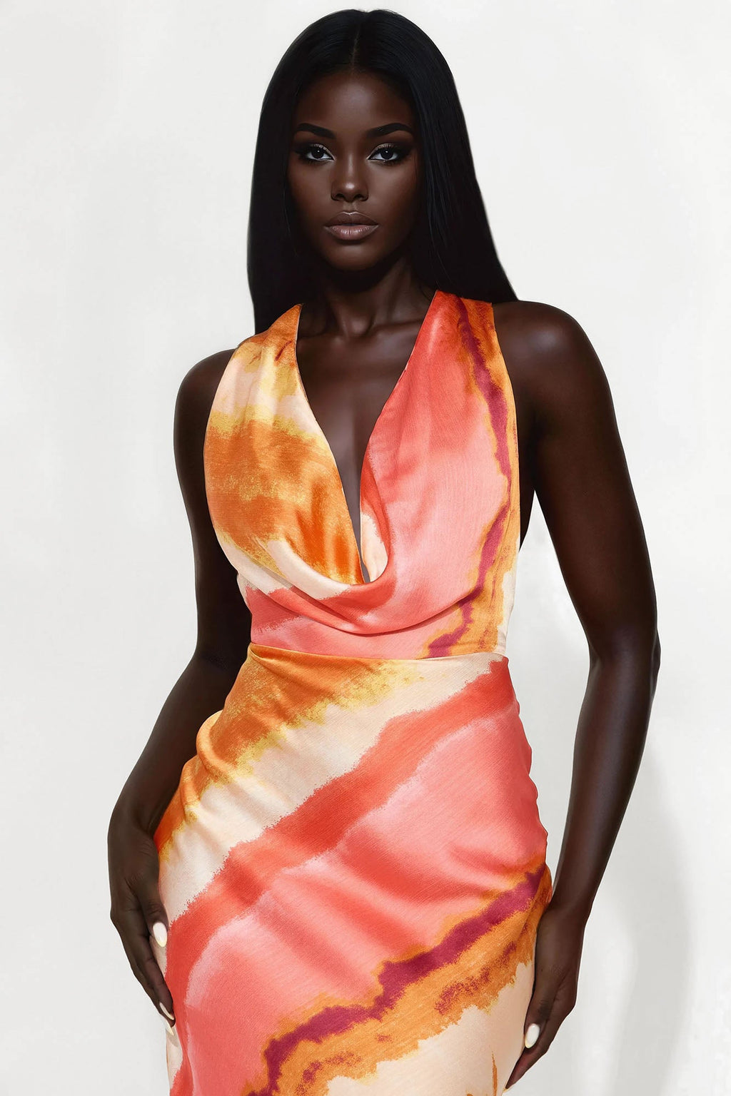 Sunset Hills Backless Satin Maxi Dress - Orange/combo
