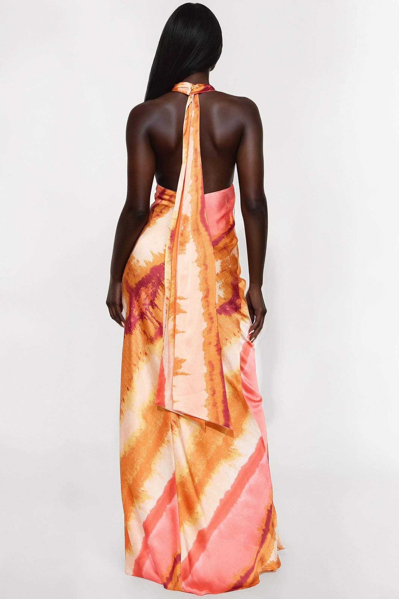 Sunset Hills Backless Satin Maxi Dress - Orange/combo