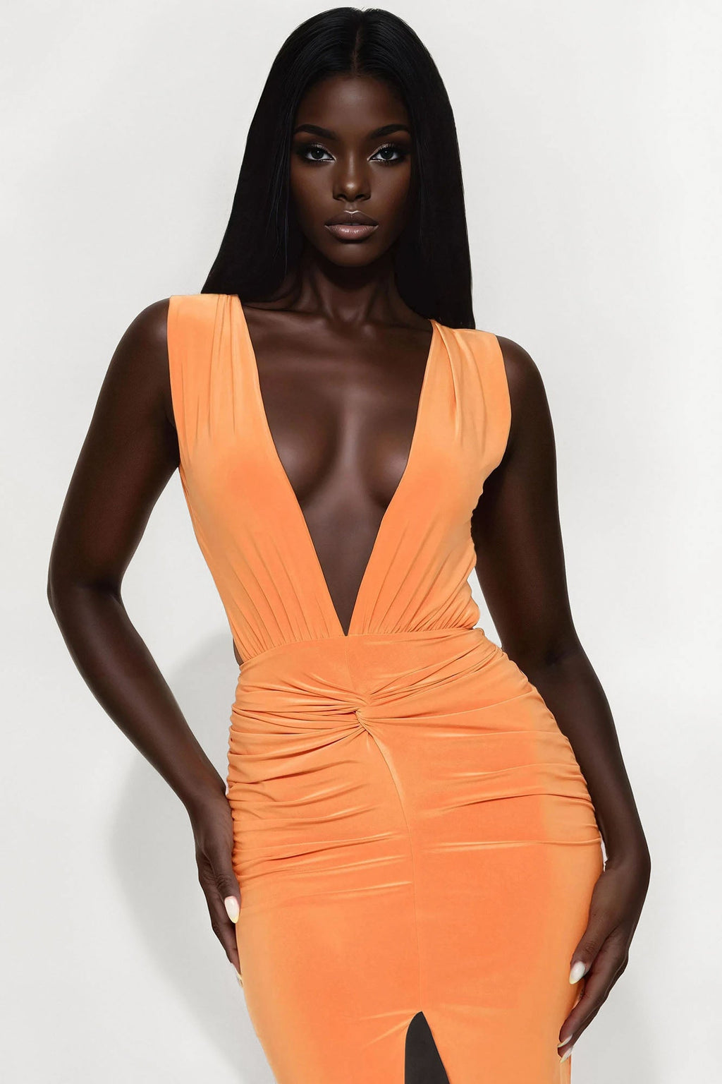 Mutual Feeling Ruched Midi Dress - Orange