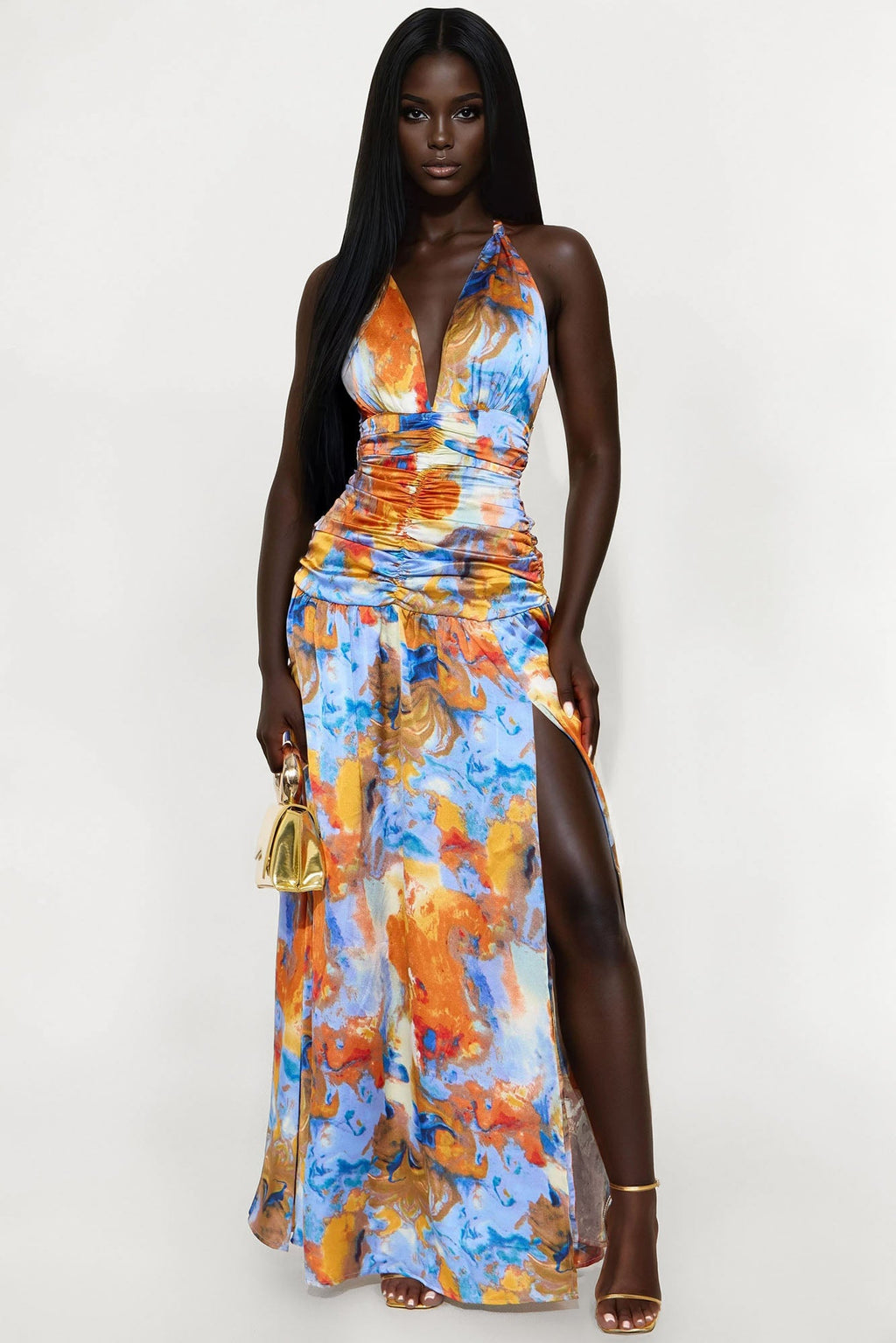 Cutest In The Room Satin Ruched Maxi Dress - Blue/combo