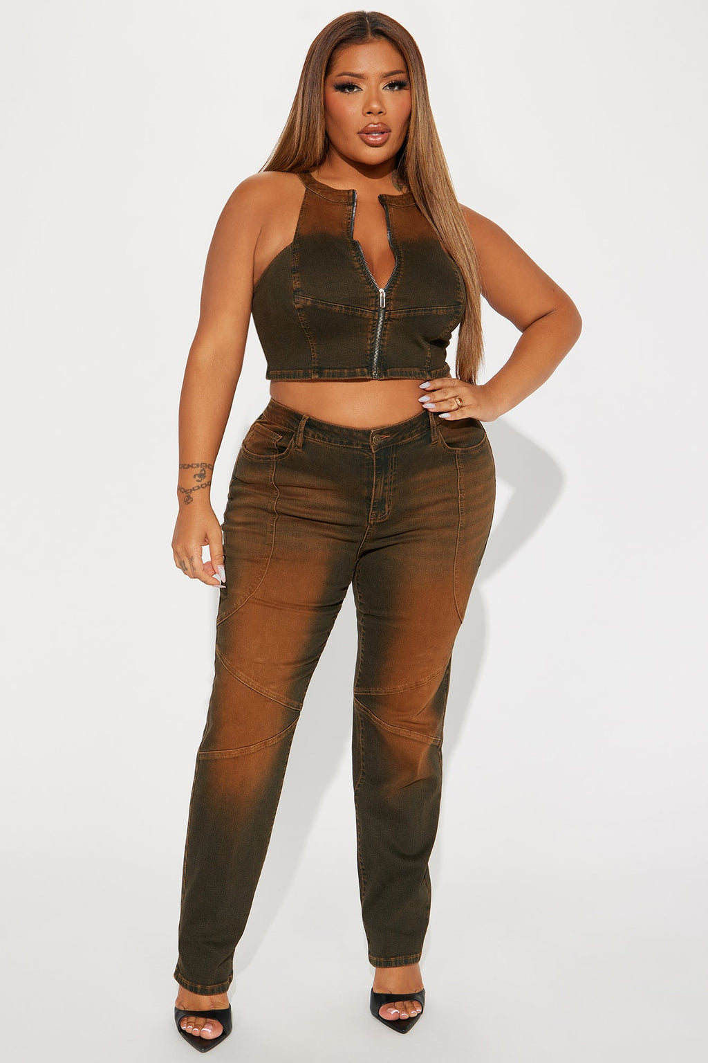 Passing Through Racerback Denim Top - Brown