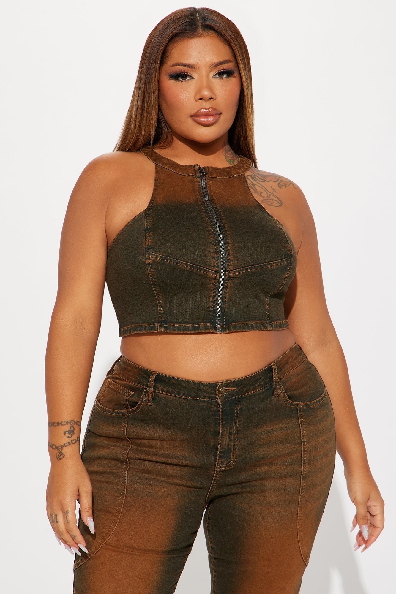 Passing Through Racerback Denim Top - Brown
