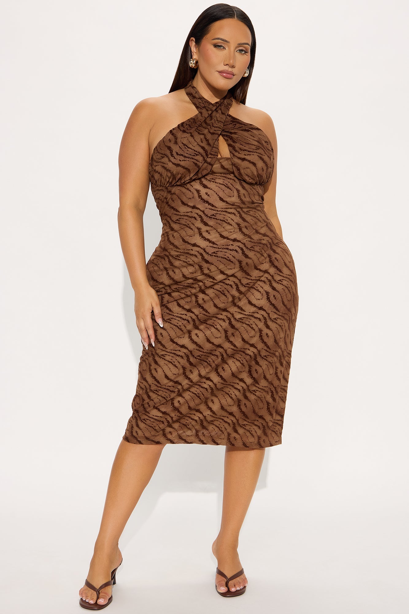 Hot Attraction Zebra Print Mesh Midi Dress - Brown