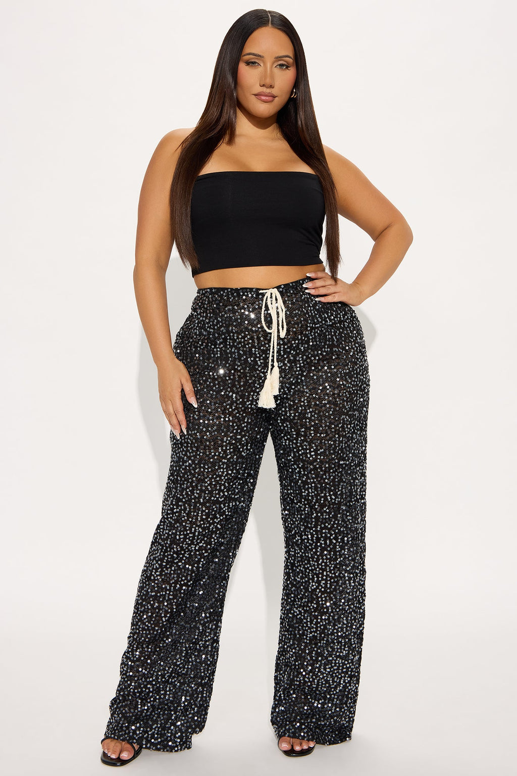 Nayelly Wide Leg Sequin Pant - Black