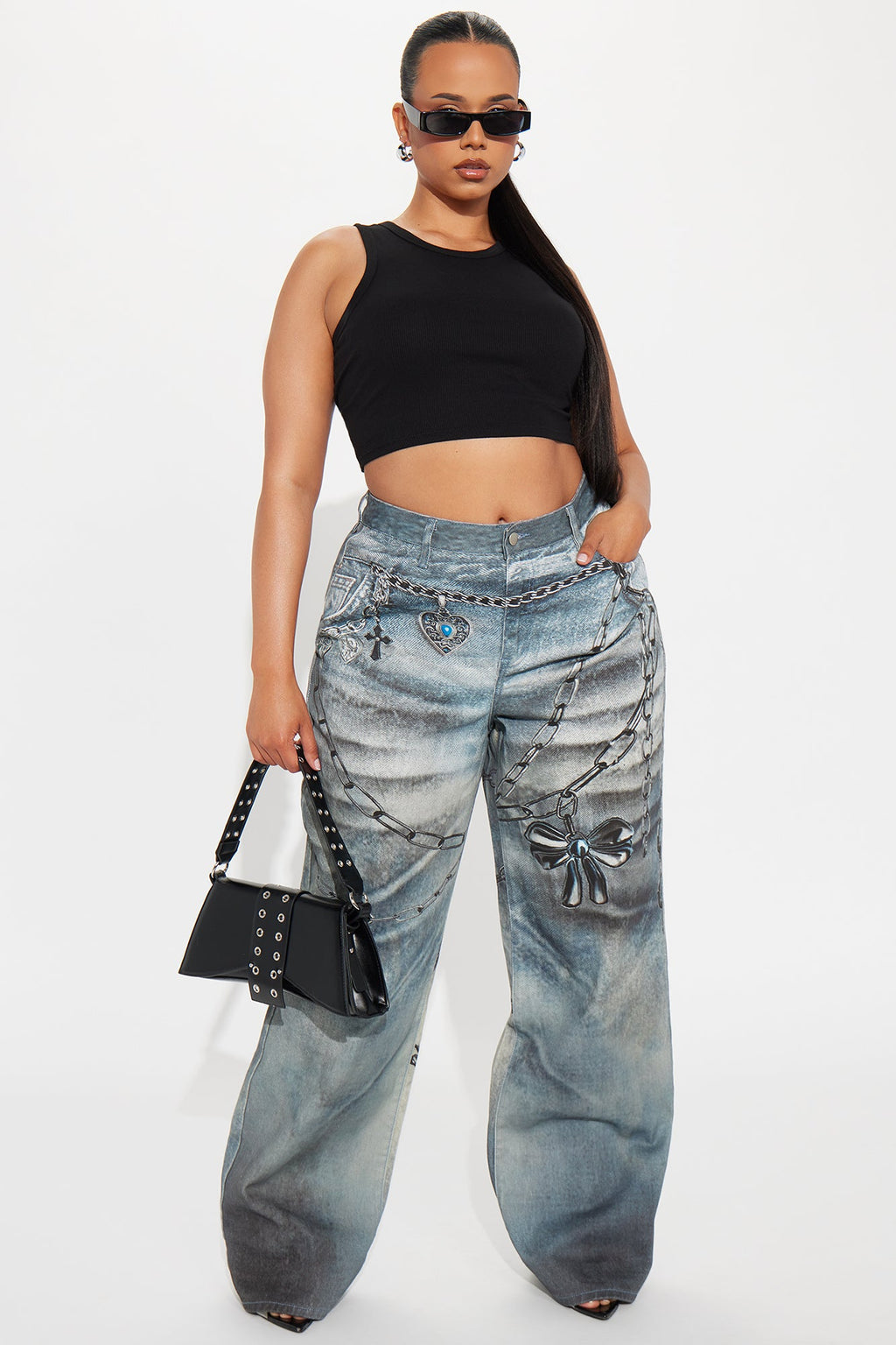 Charmed I'm Sure Printed Wide Leg Jeans - Medium Wash