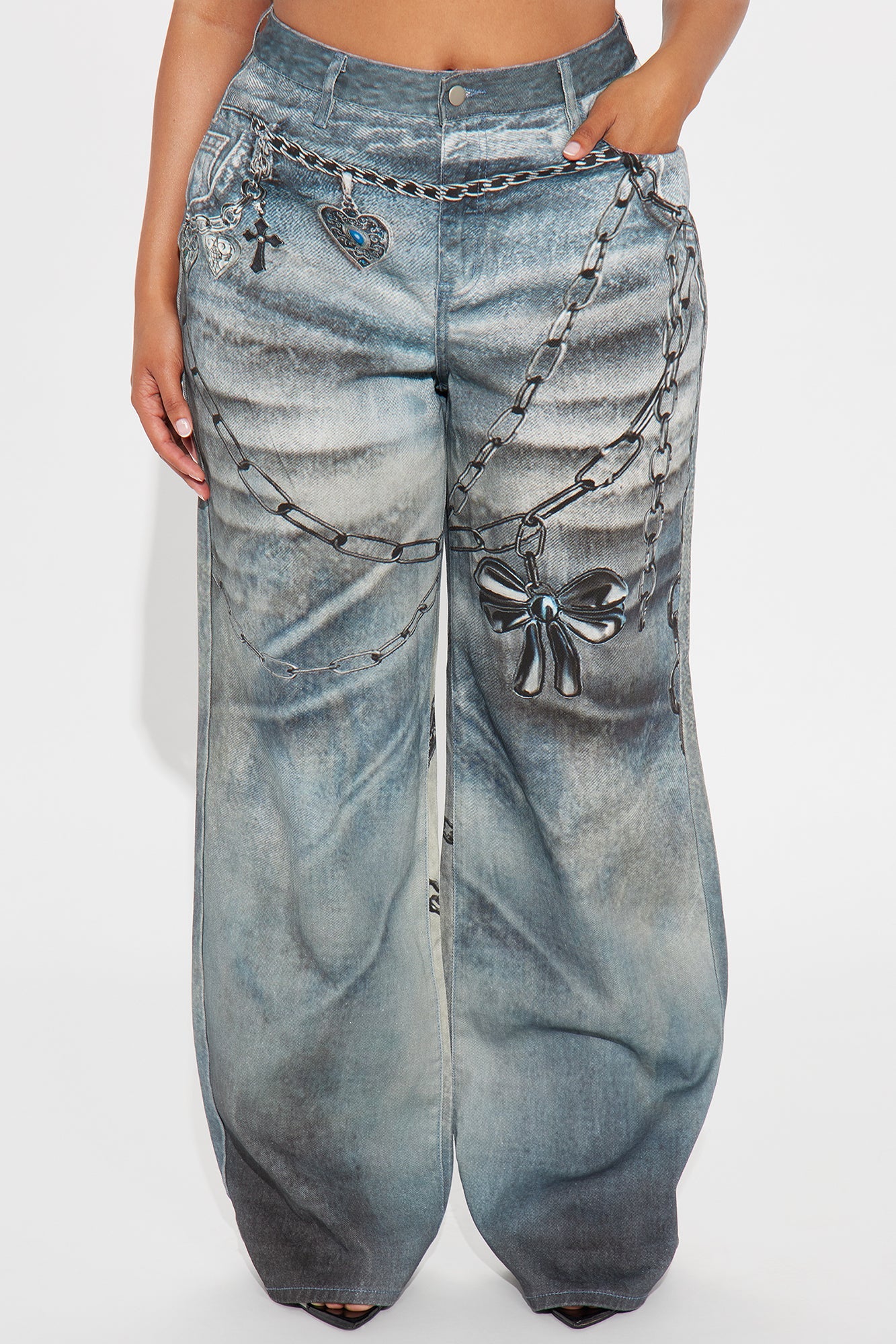 Charmed I'm Sure Printed Wide Leg Jeans - Medium Wash