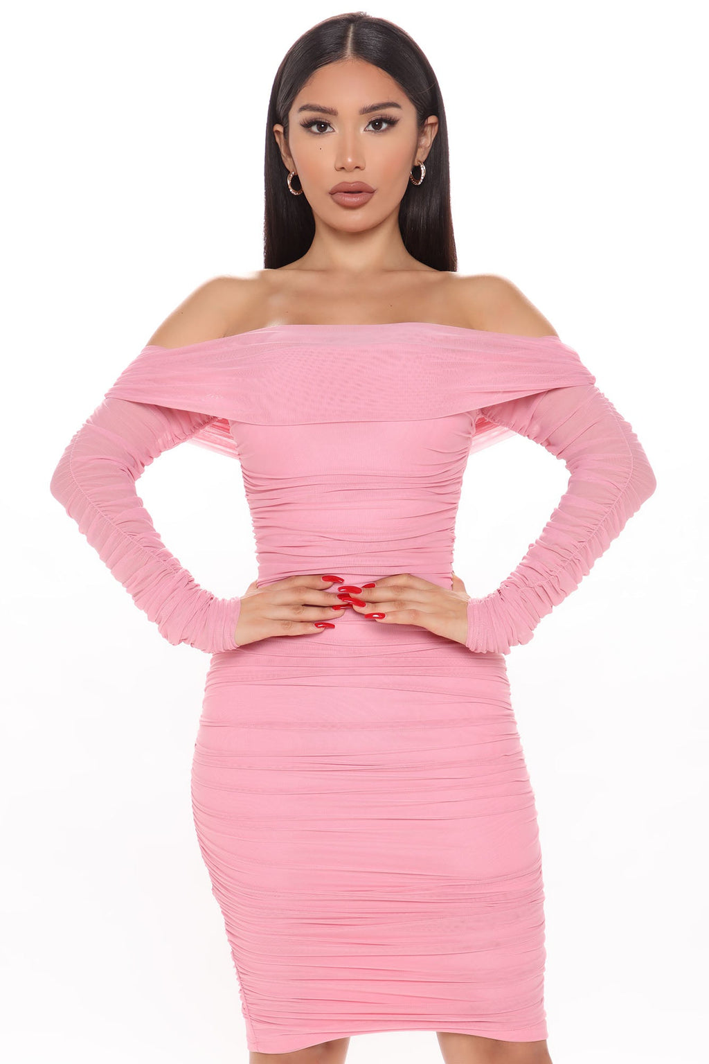 Ready In A Ruched Off Shoulder Midi Dress - Pink