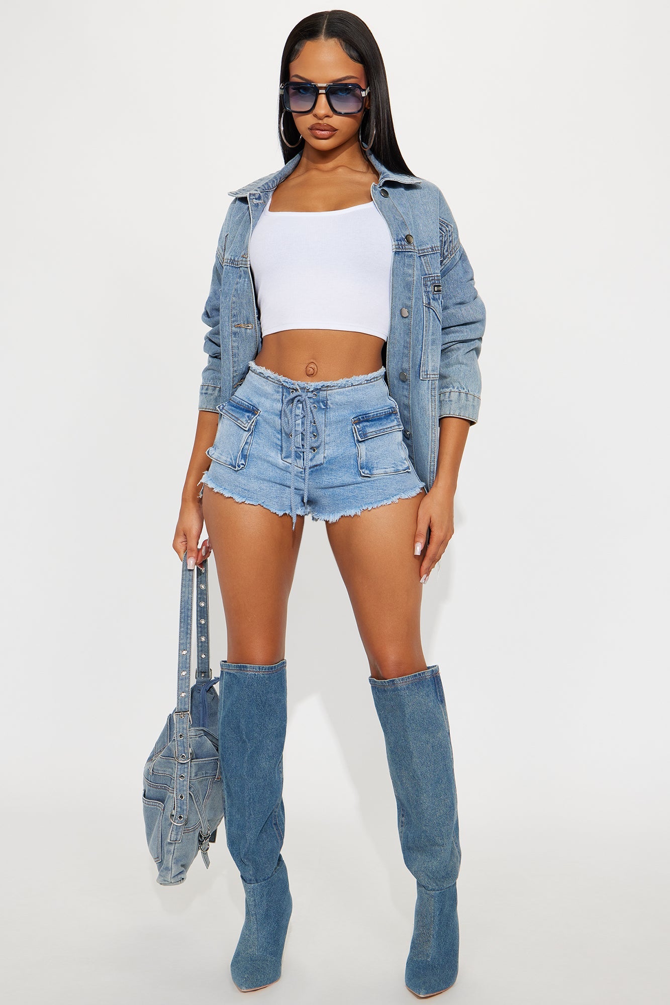 Lucky Lace Up Stretch Denim Shorts - Light Wash