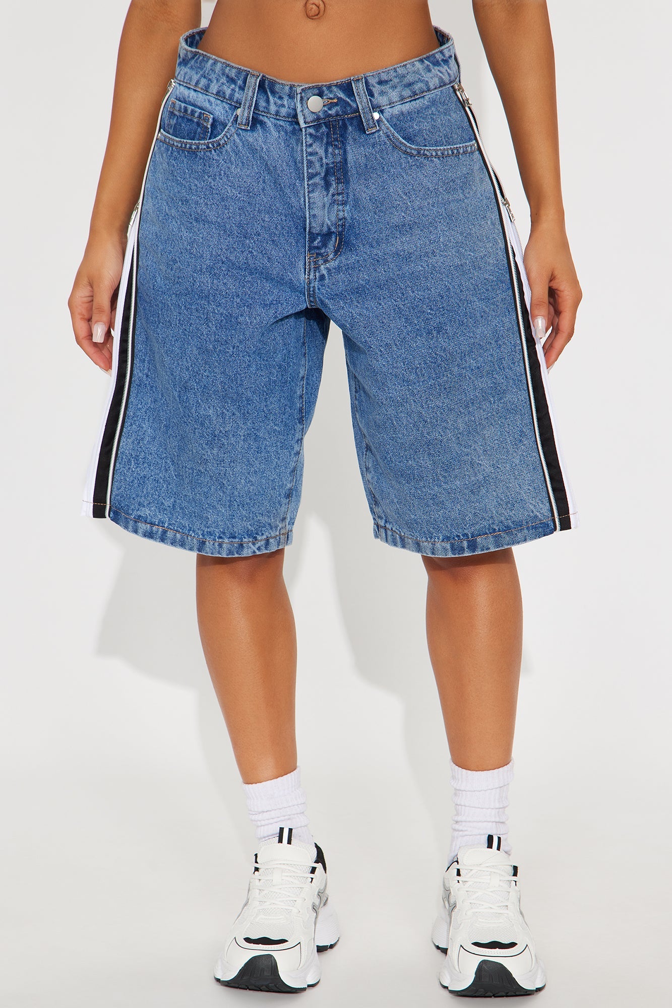 Sporting You Side Stripe Denim Jort - Medium Wash