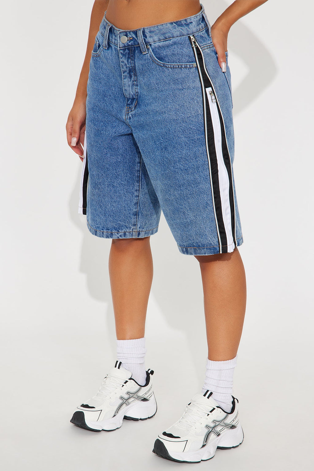 Sporting You Side Stripe Denim Jort - Medium Wash