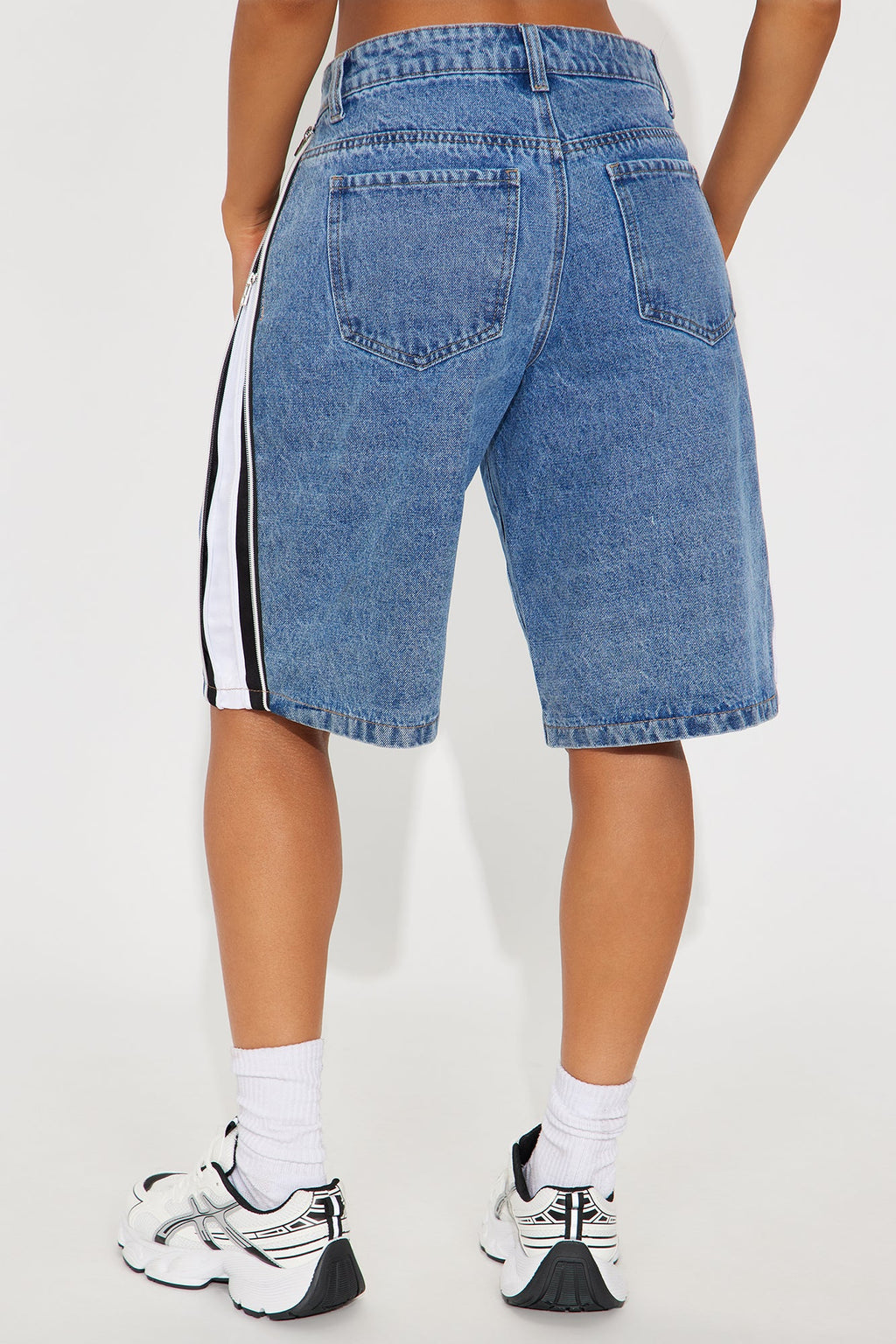 Sporting You Side Stripe Denim Jort - Medium Wash