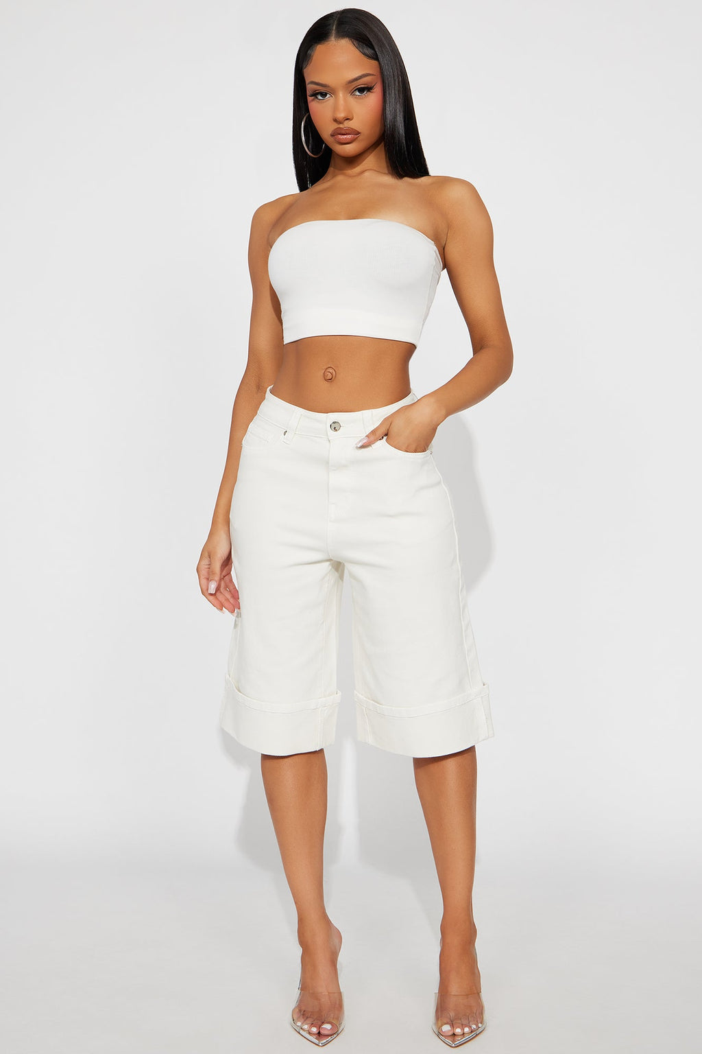 Down The Shore Cuffed Denim Shorts - White