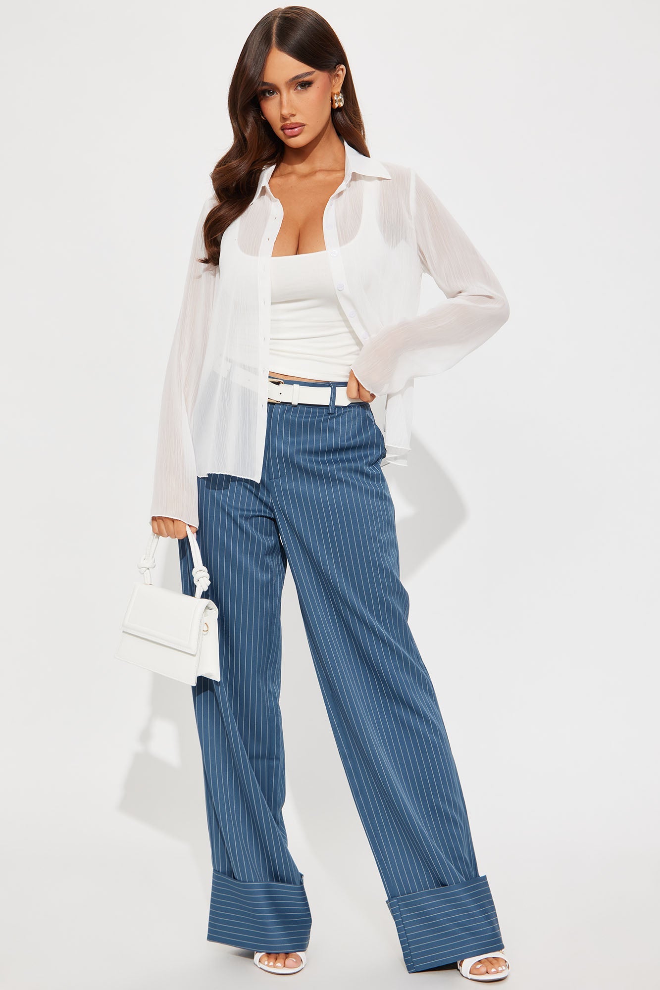 On A Tight Schedule Pinstripe Cuffed Trouser Pant - Blue