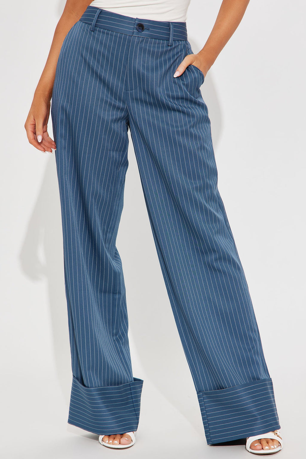 On A Tight Schedule Pinstripe Cuffed Trouser Pant - Blue
