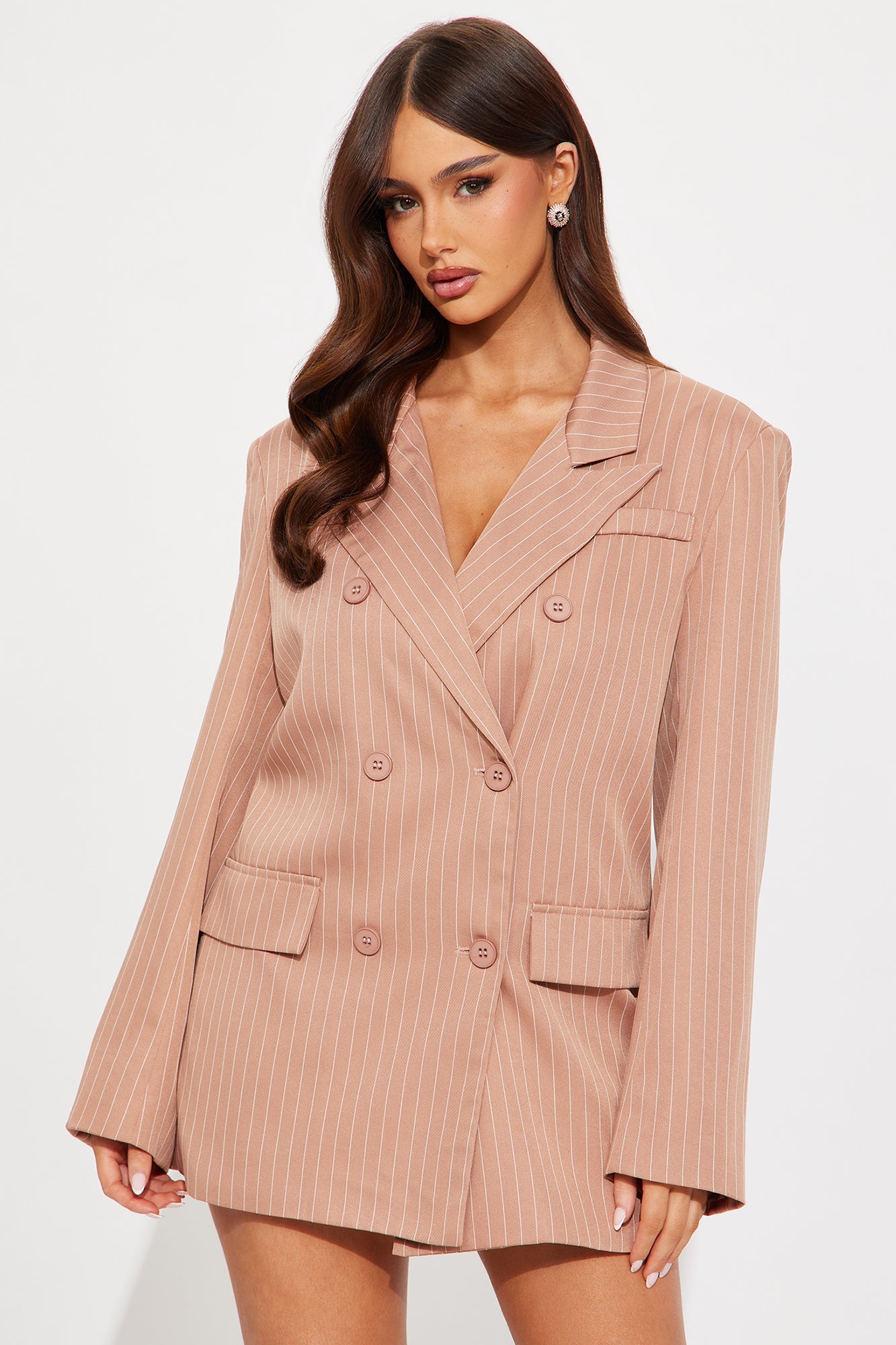 In Session Pinstripe Blazer Skort Set - Brown