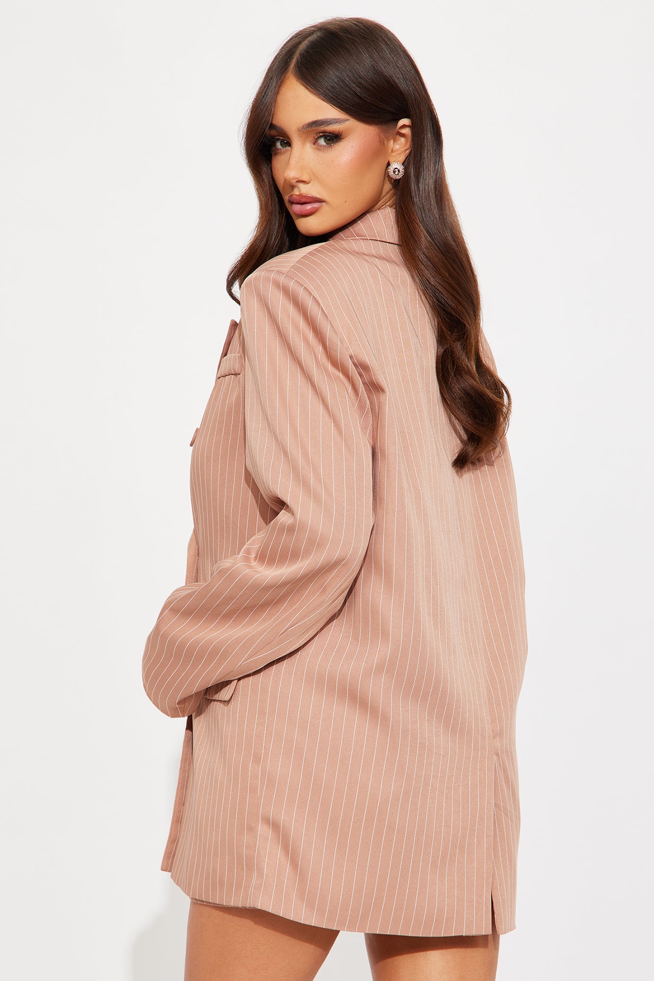 In Session Pinstripe Blazer Skort Set - Brown