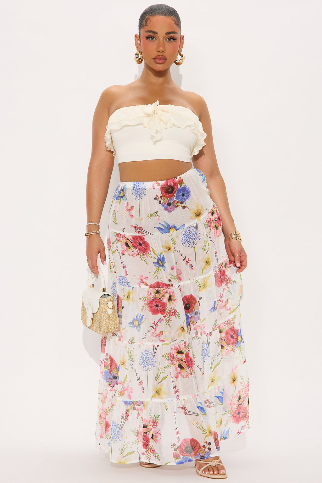 Florence Sheer Tiered Floral Maxi Skirt - White/combo