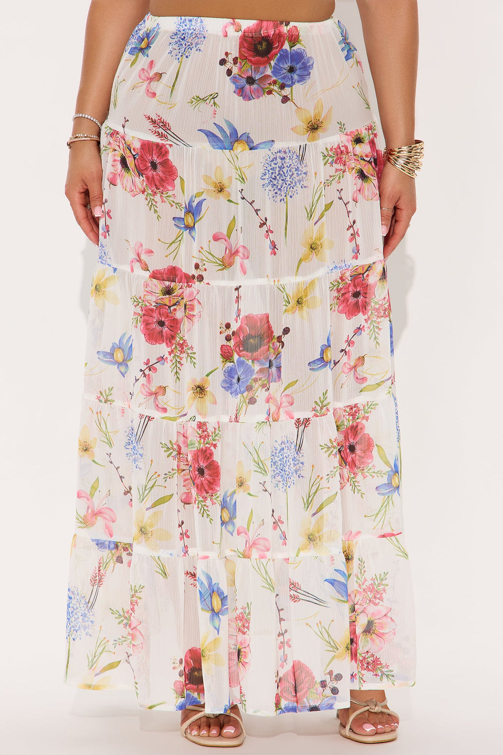 Florence Sheer Tiered Floral Maxi Skirt - White/combo