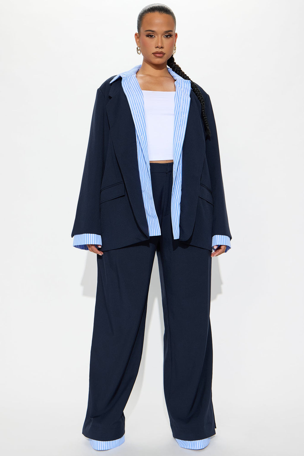 Put In Work Oversized Striped Shirt Inset Blazer - Navy
