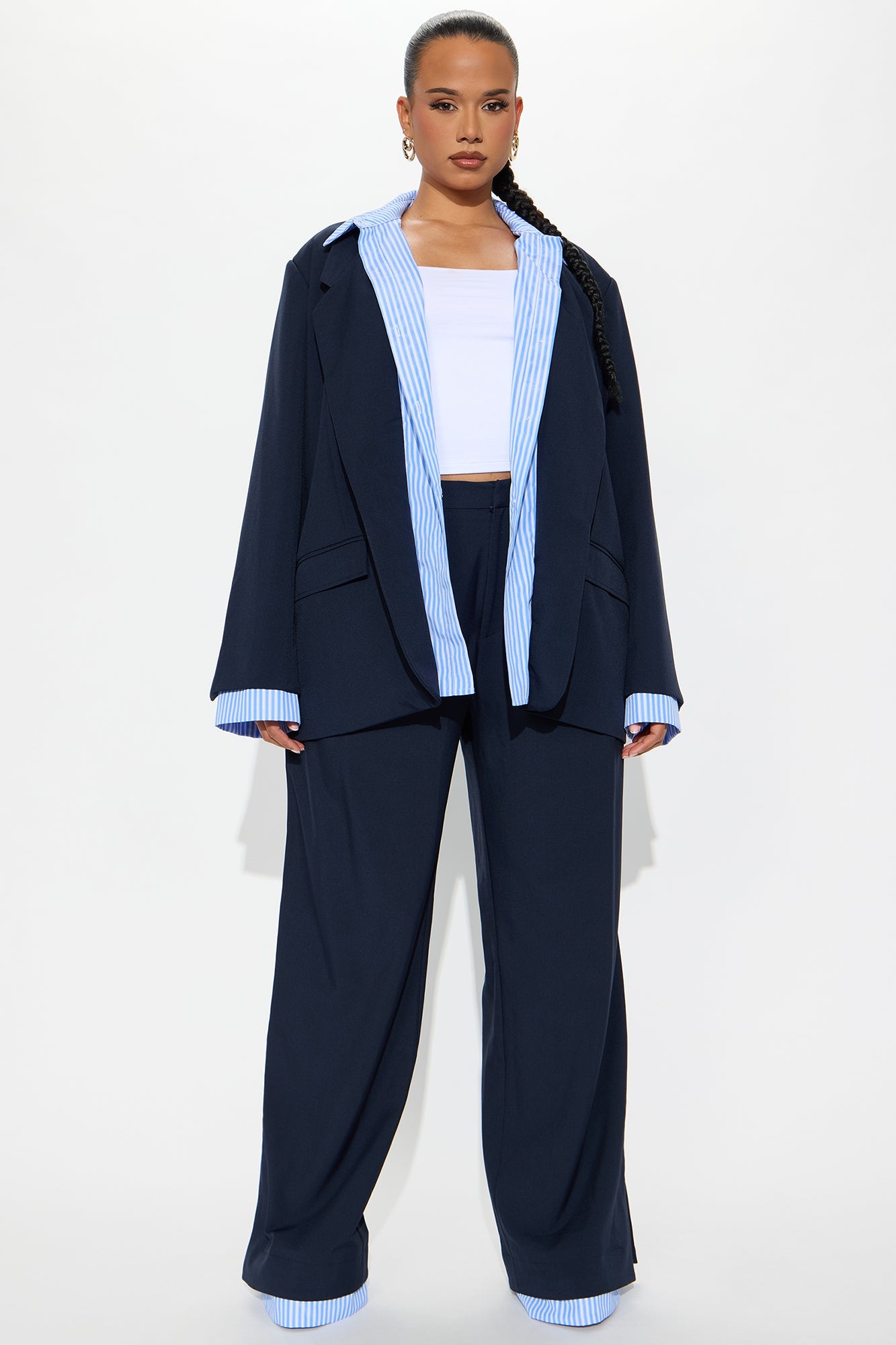 Put In Work Oversized Striped Shirt Inset Blazer - Navy