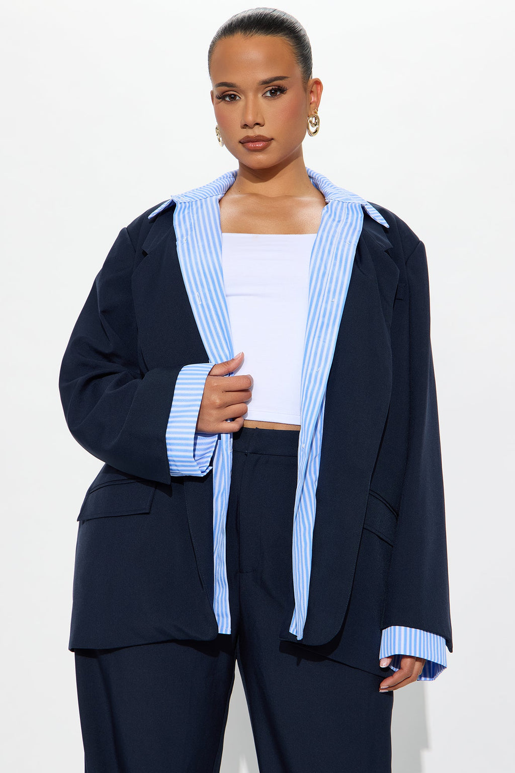 Put In Work Oversized Striped Shirt Inset Blazer - Navy