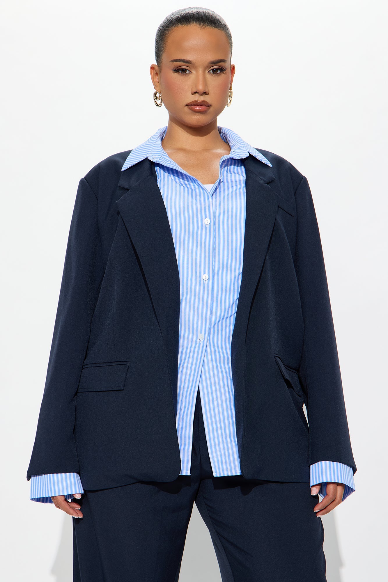 Put In Work Oversized Striped Shirt Inset Blazer - Navy