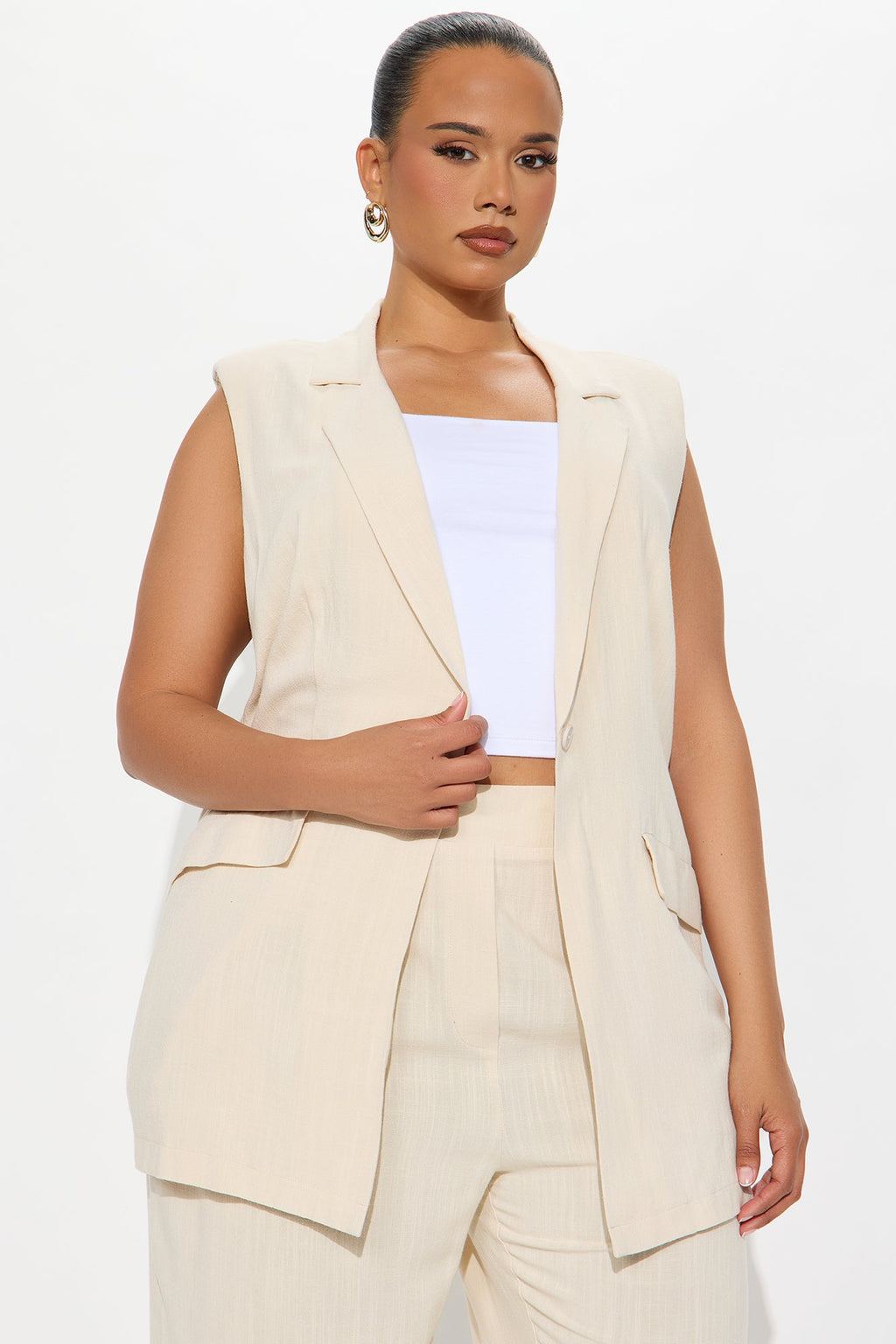 Essential Linen Vest Pant Set - Beige