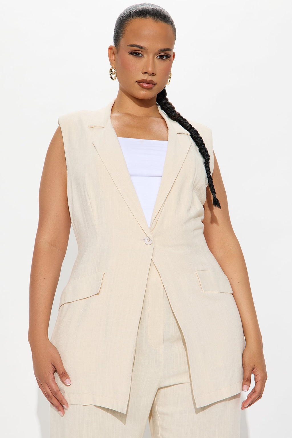 Essential Linen Vest Pant Set - Beige