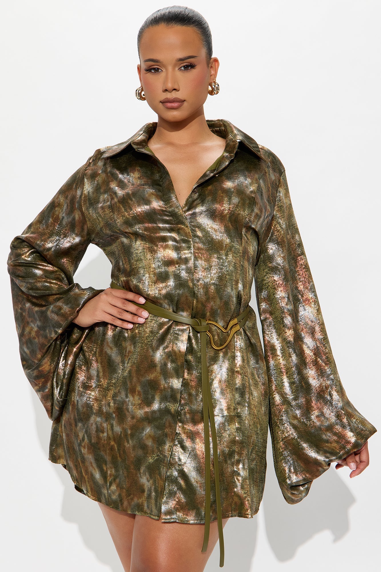 Kenza Belted Satin Shirt Mini Dress - Green/combo