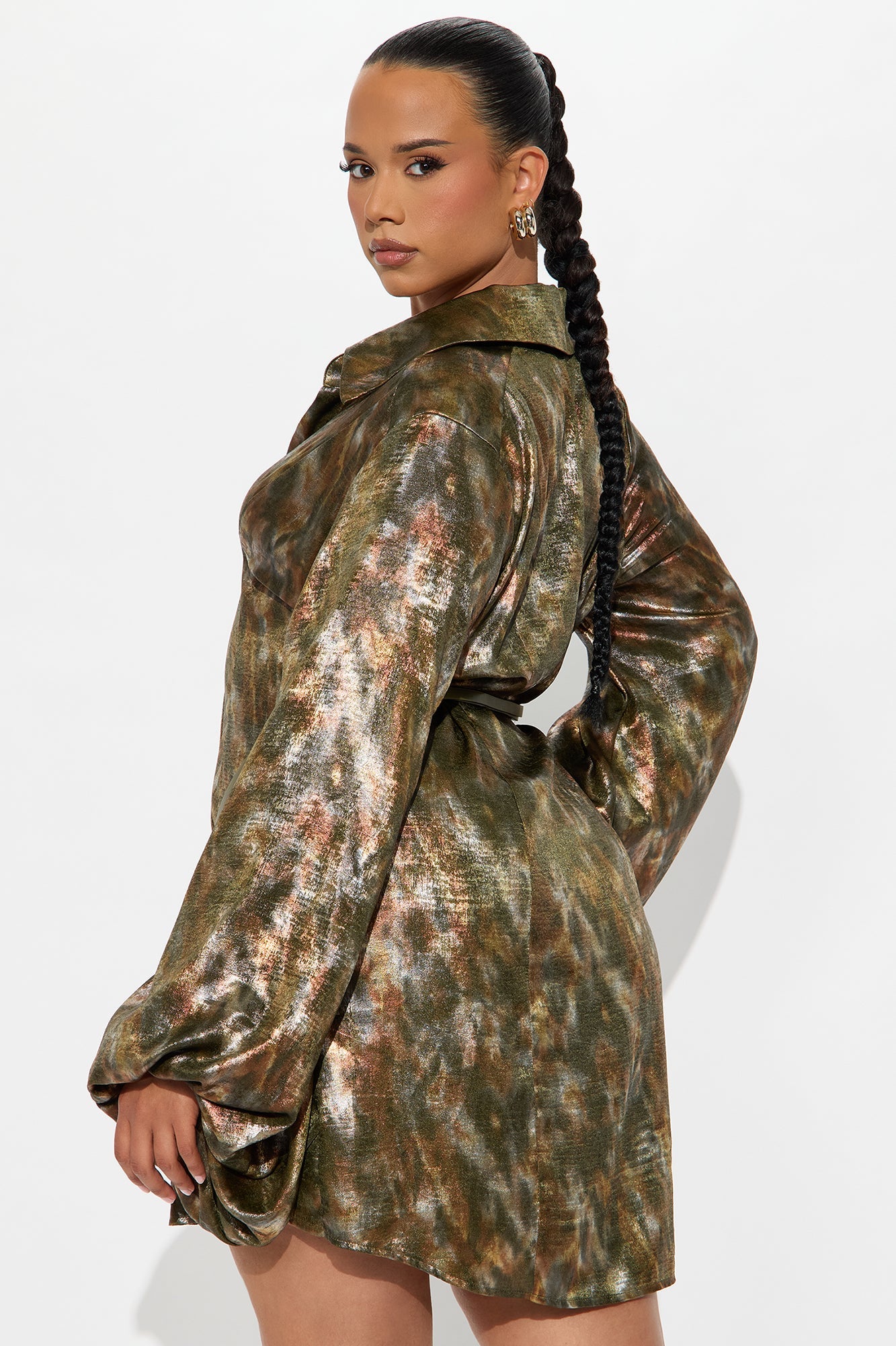 Kenza Belted Satin Shirt Mini Dress - Green/combo