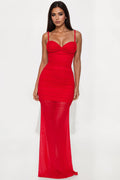 Ashley Mesh Ruched Maxi Dress - Red