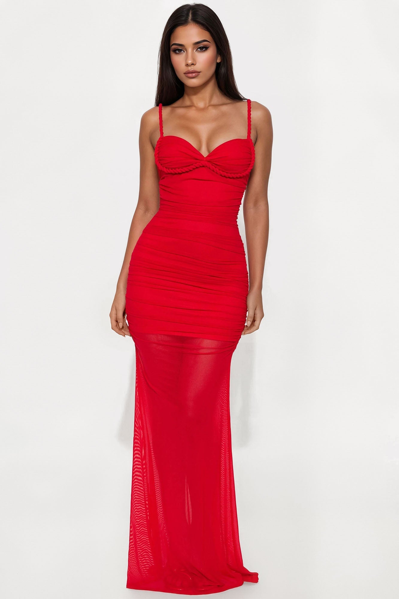 Ashley Mesh Ruched Maxi Dress - Red