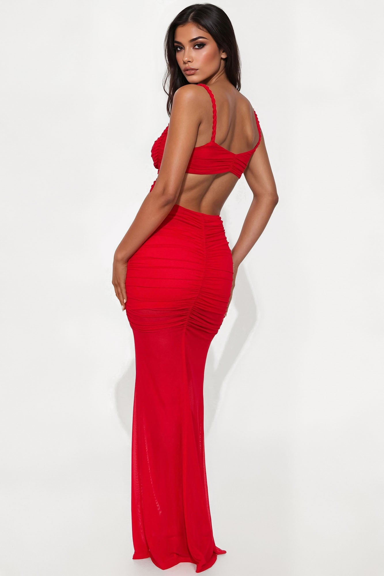 Ashley Mesh Ruched Maxi Dress - Red
